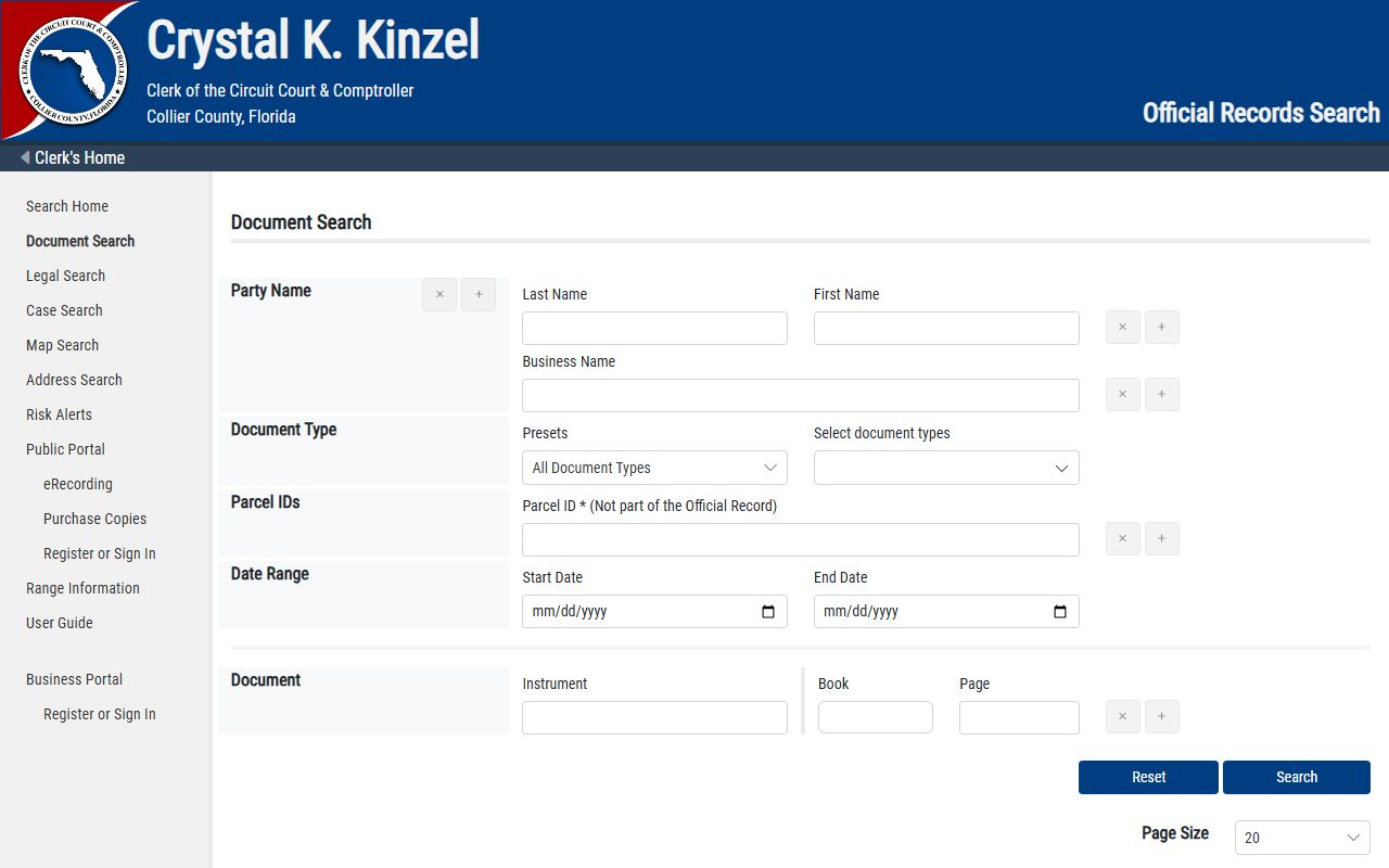 Collier County Official Records document search form at COR Access showing party name, document type, parcel ID, and date range fields