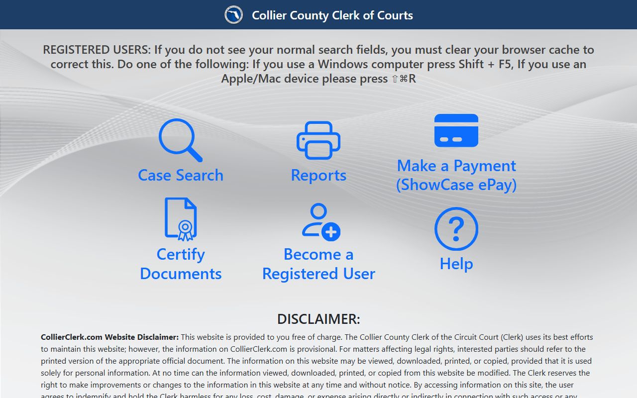 Collier County court records ShowCase Web landing page with case search, ePay, eCertify, and registered-user access links