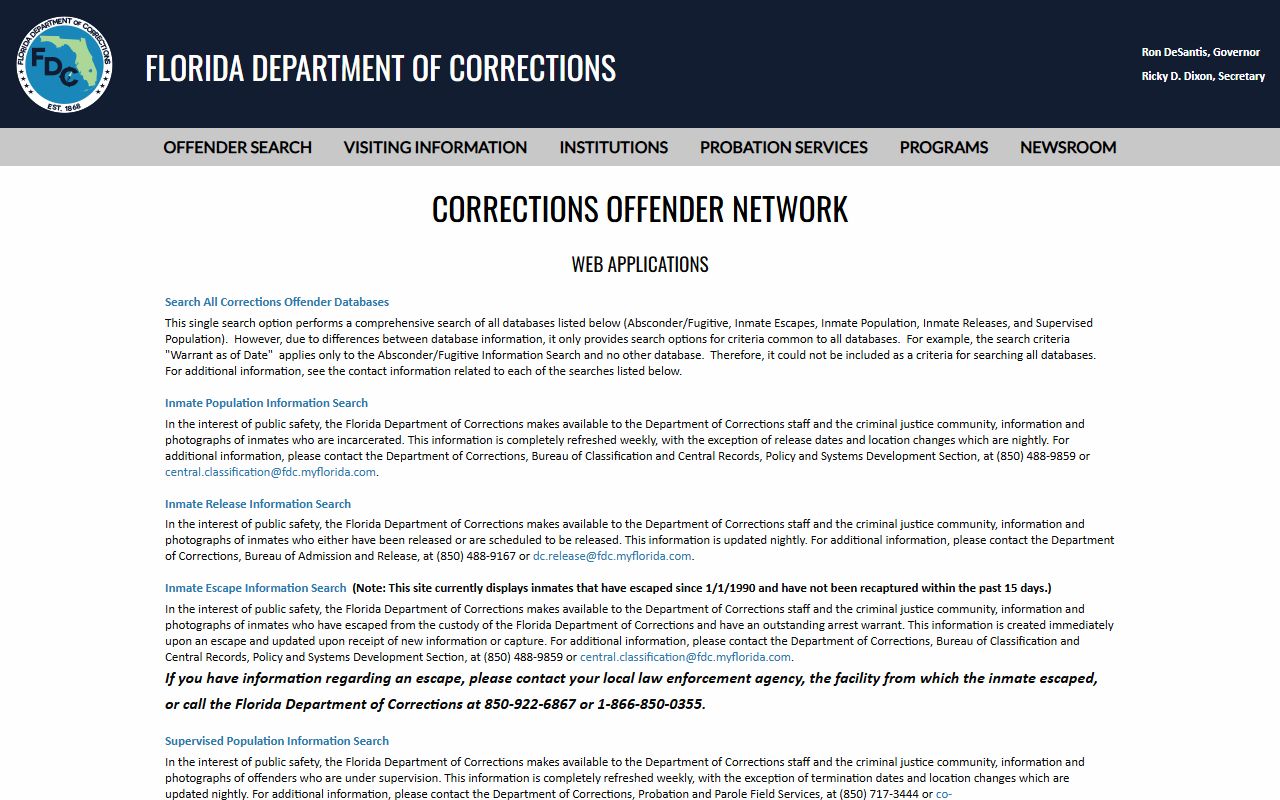 Florida Department of Corrections offender search page for Collier County released inmates