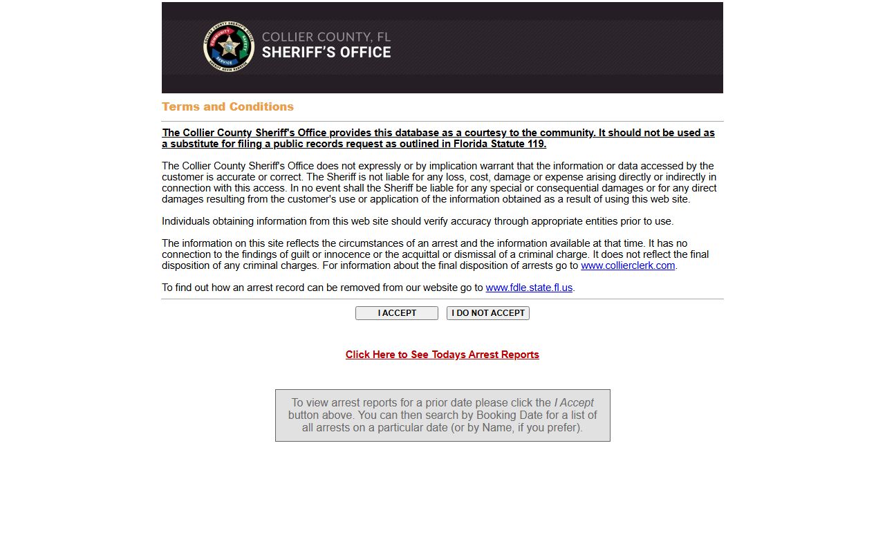 Collier County Sheriff arrest and warrant terms and conditions screen