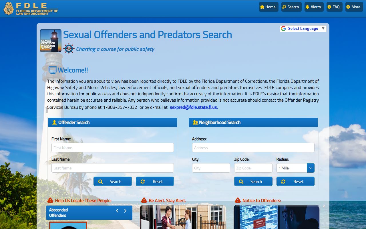 FDLE sexual offender and predator registry search page for Collier County released inmates