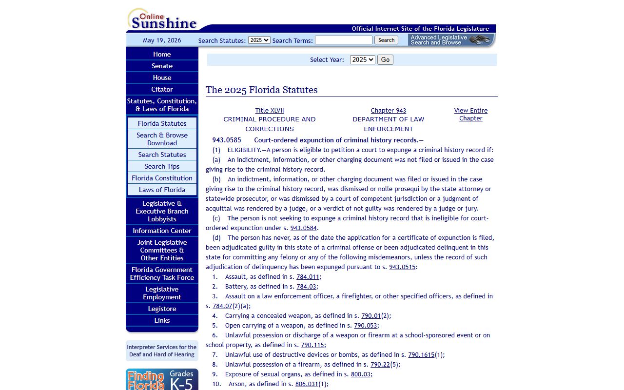 Florida Statute 943.0585 expunction law on the Florida Legislature website