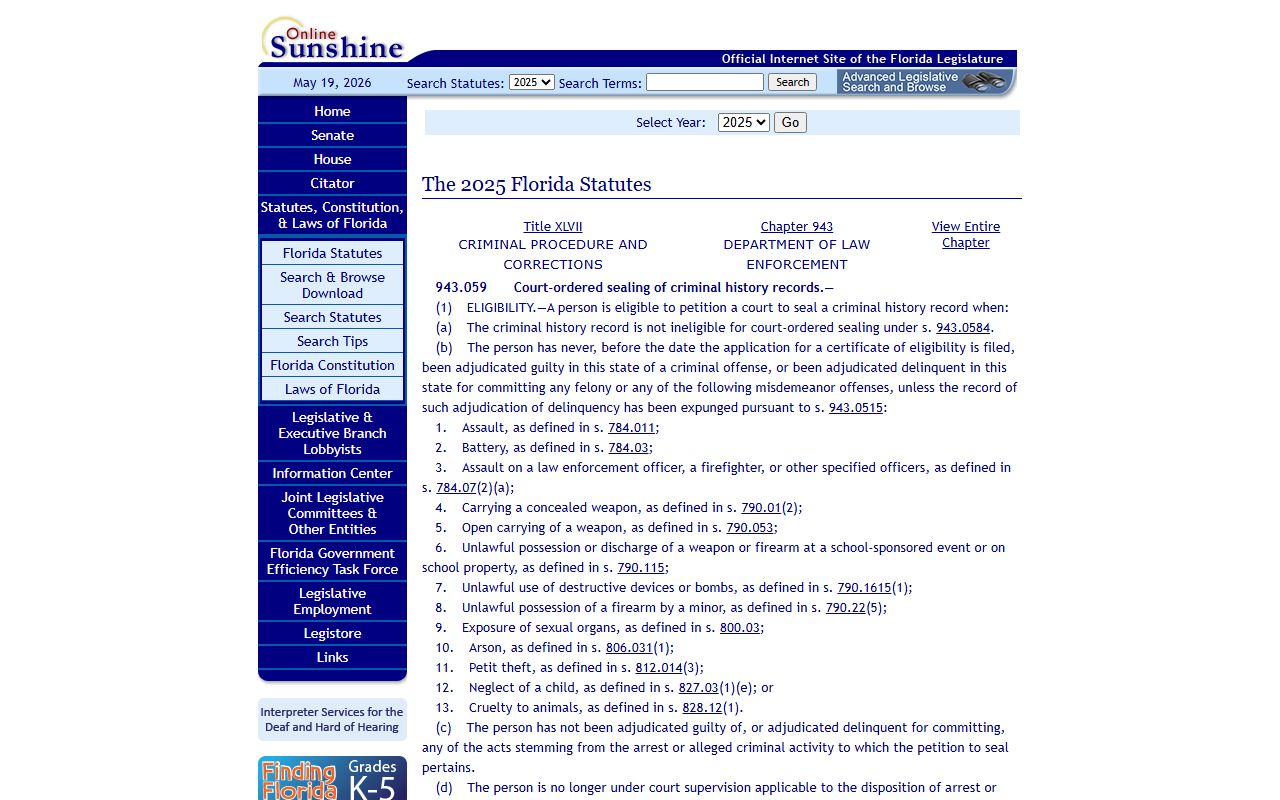 Florida Statute 943.059 sealing law on the Florida Legislature website