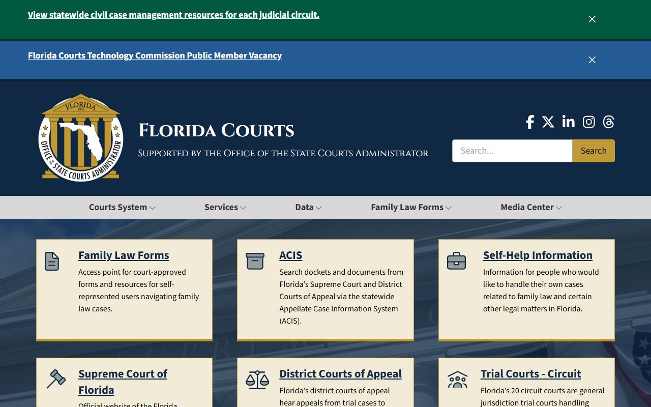 Florida State Courts System website with electronic court records access and Security Matrix resources for Collier County