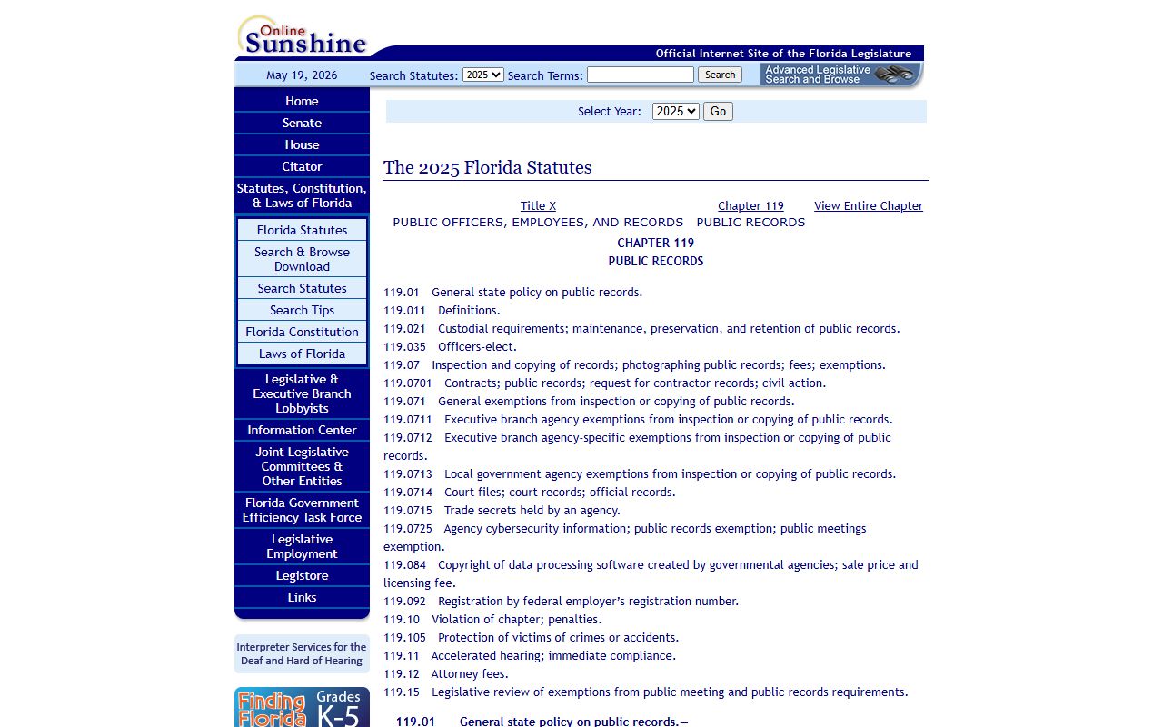 Florida Statutes Chapter 119 public records law page for Collier County open records