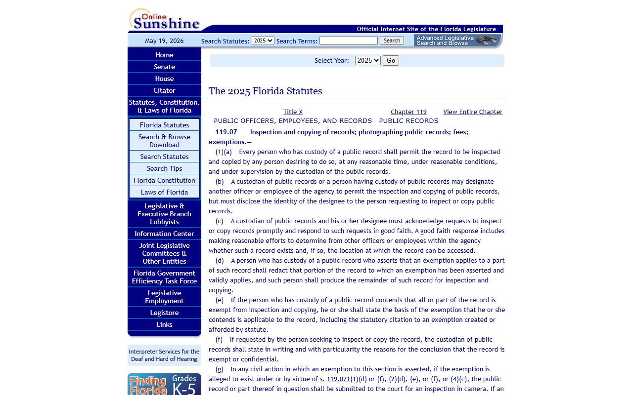 Florida Statute 119.07 public records inspection and copying requirements applicable to Collier County